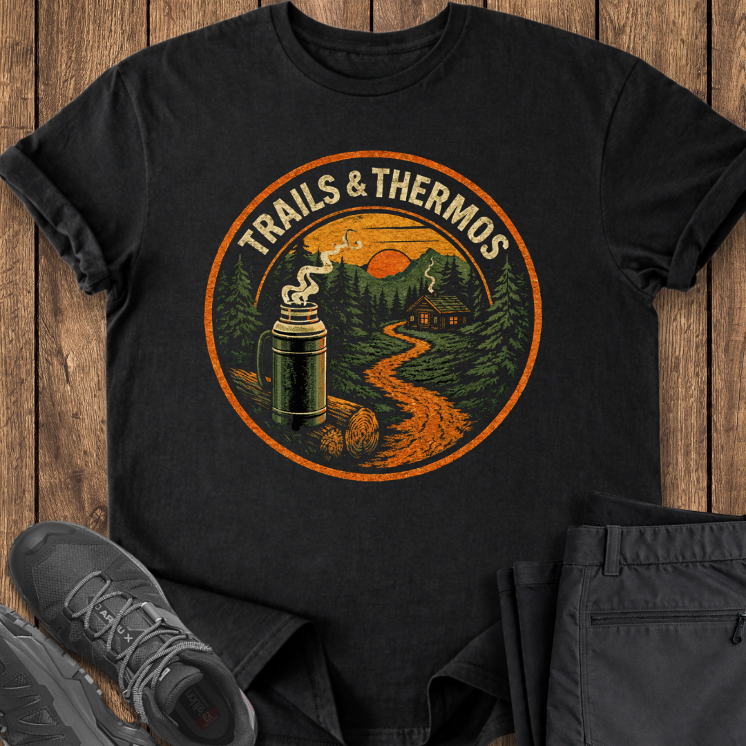Black t-shirt with 'Trails & Thermos' graphic design on a wooden surface with shoes and pants. hiking shirt