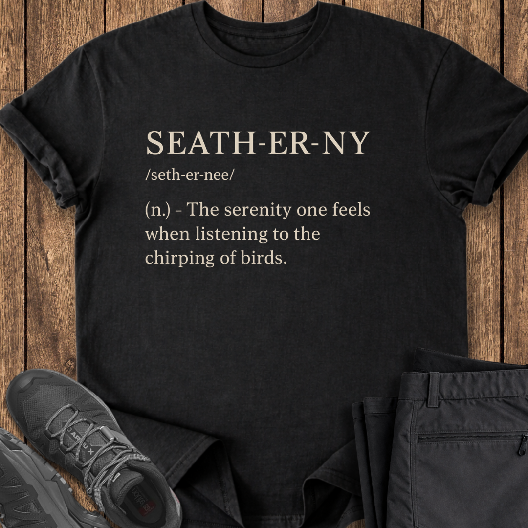 Black t-shirt with 'SEATH-ER-NY' definition text on a wooden surface with shoes and pants.