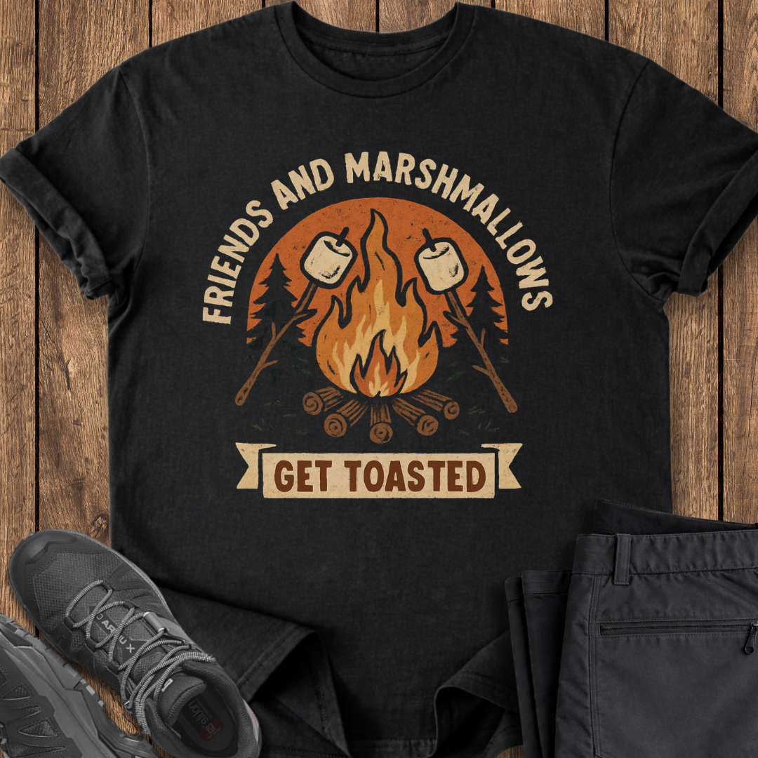 Black t-shirt with a graphic of a campfire and marshmallows on a wooden surface. t shirt funny camp camping t-shirts