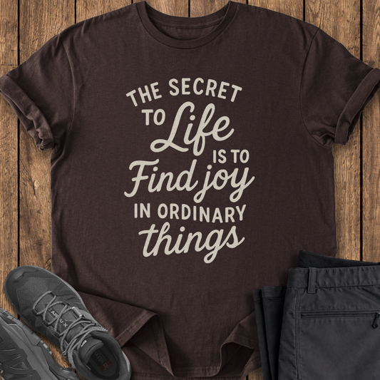 Brown t-shirt with motivational quote on a wooden surface with shoes and pants.