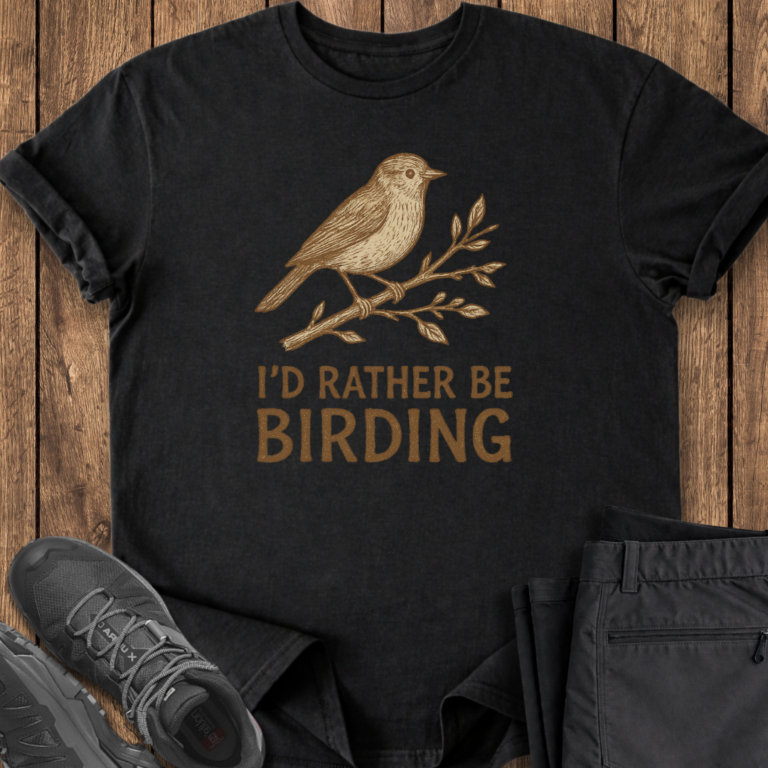 Black t-shirt with bird graphic and 'I'd Rather Be Birding' text on a wooden surface.