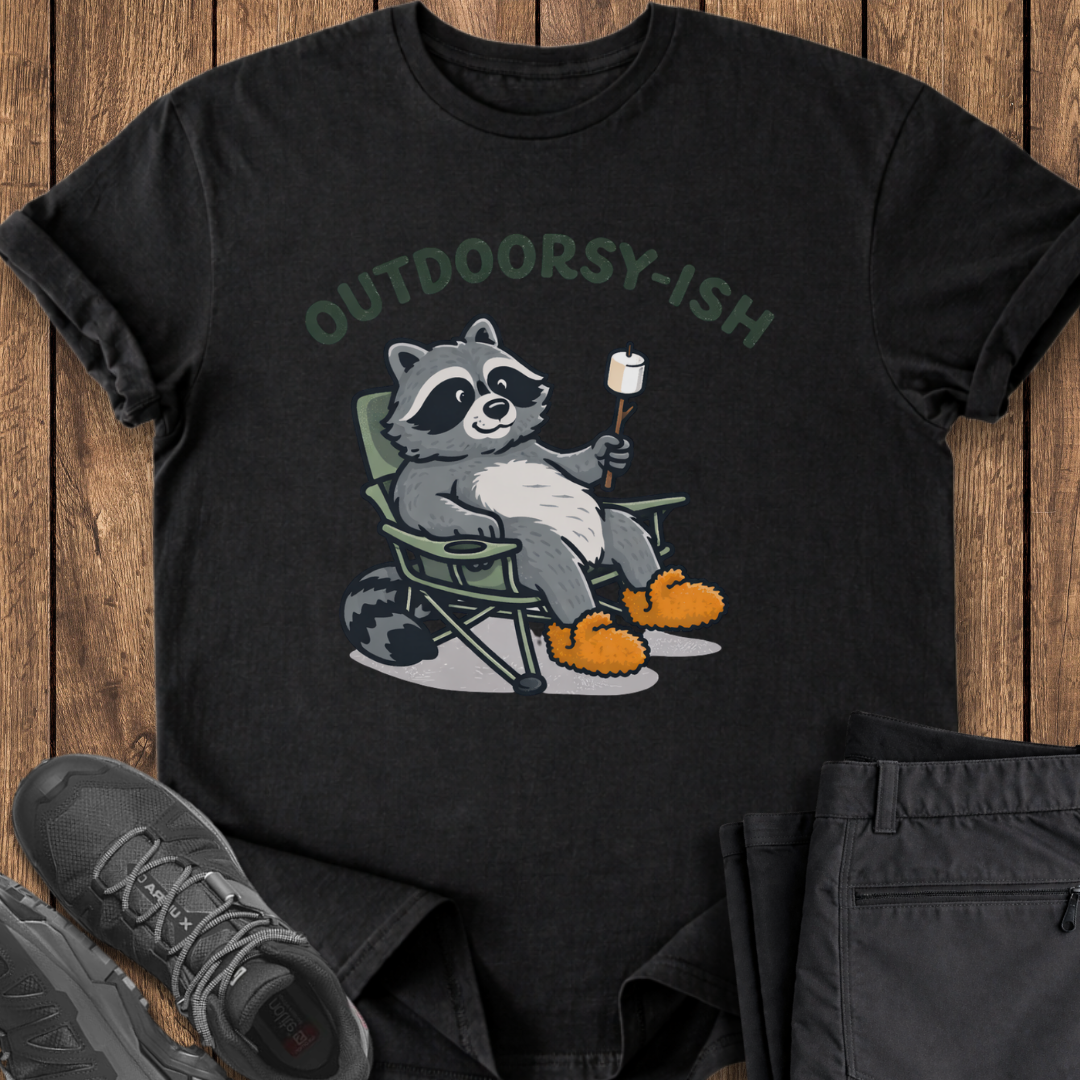 Black t-shirt with a raccoon graphic and 'Outdoorsy-ish' text on a wooden surface. hiking t shirt