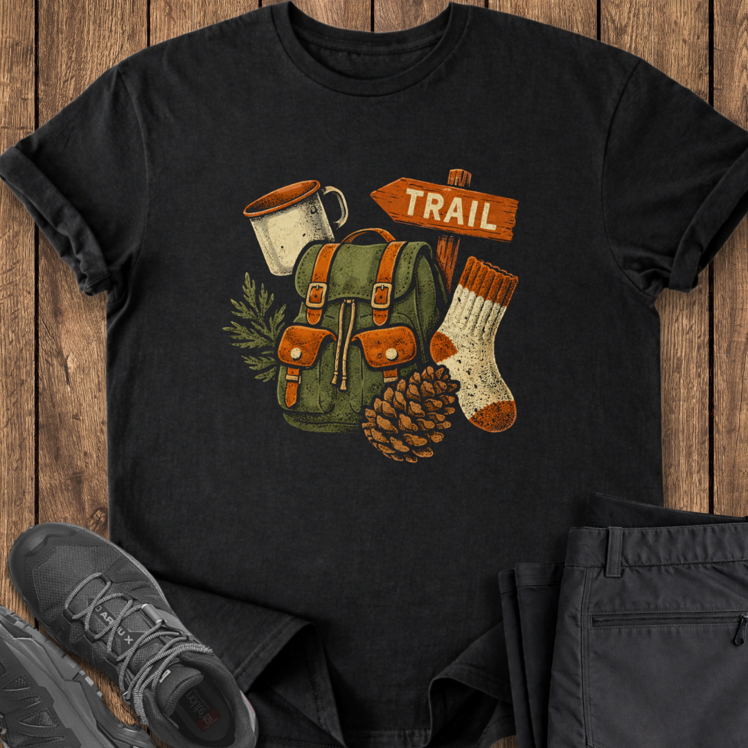 Black t-shirt with camping-themed design on a wooden surface with shoes and pants.