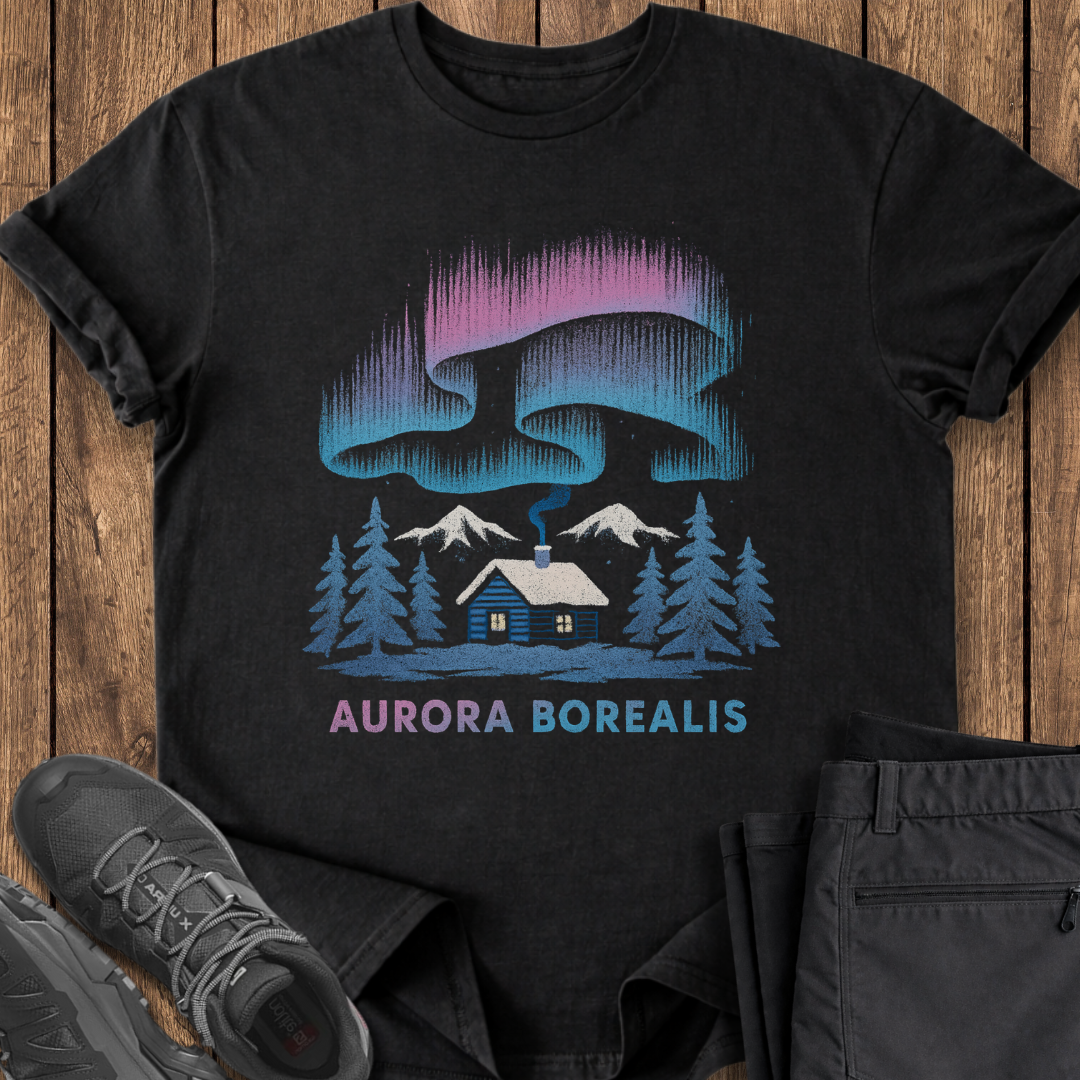 Black t-shirt with 'Aurora Borealis' design on a wooden surface with shoes and pants. northern lights cabin in winter
