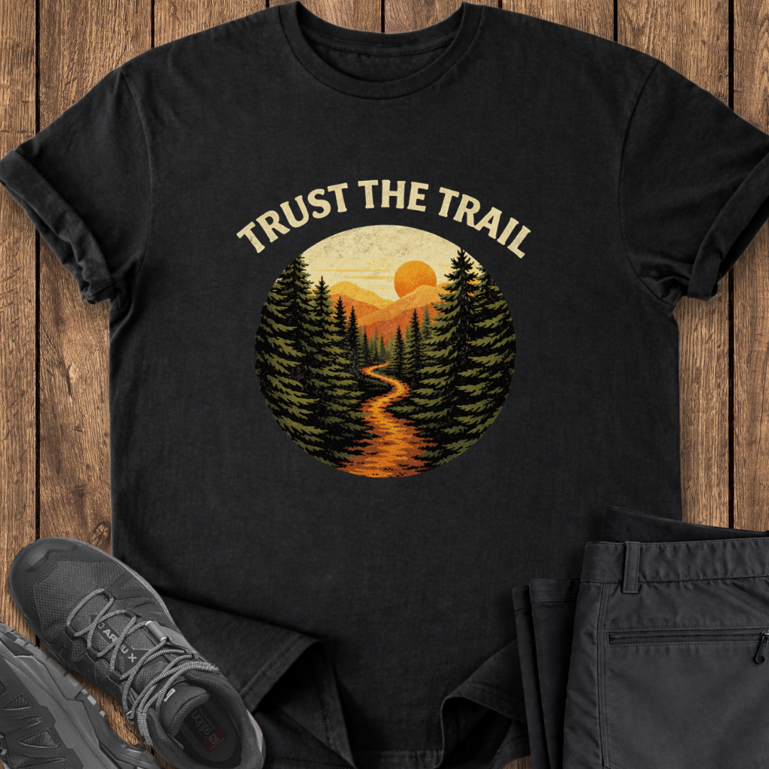 trust the trail hiking t shirt trail through the pine forest sunrise