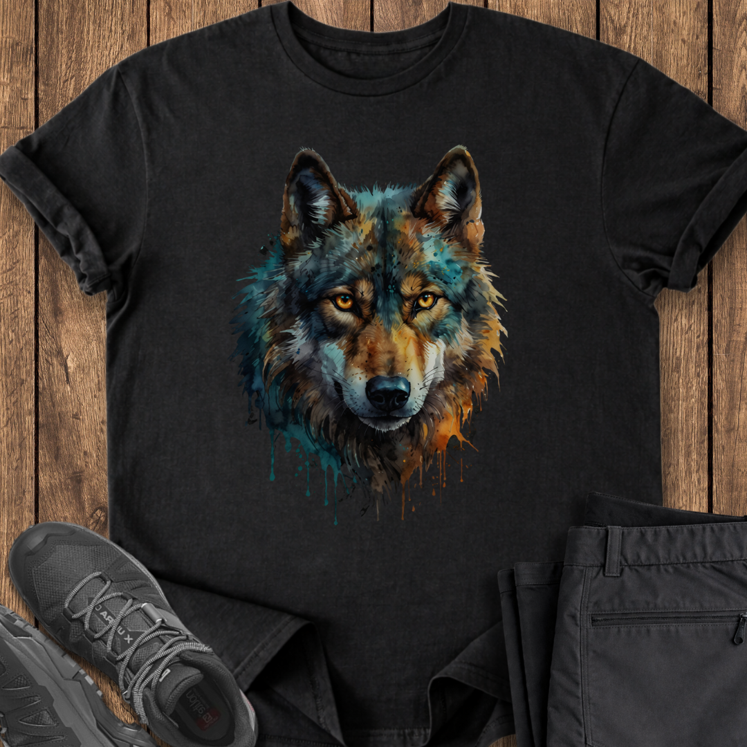 Black t-shirt with a colorful wolf design on a wooden surface with shoes and pants.