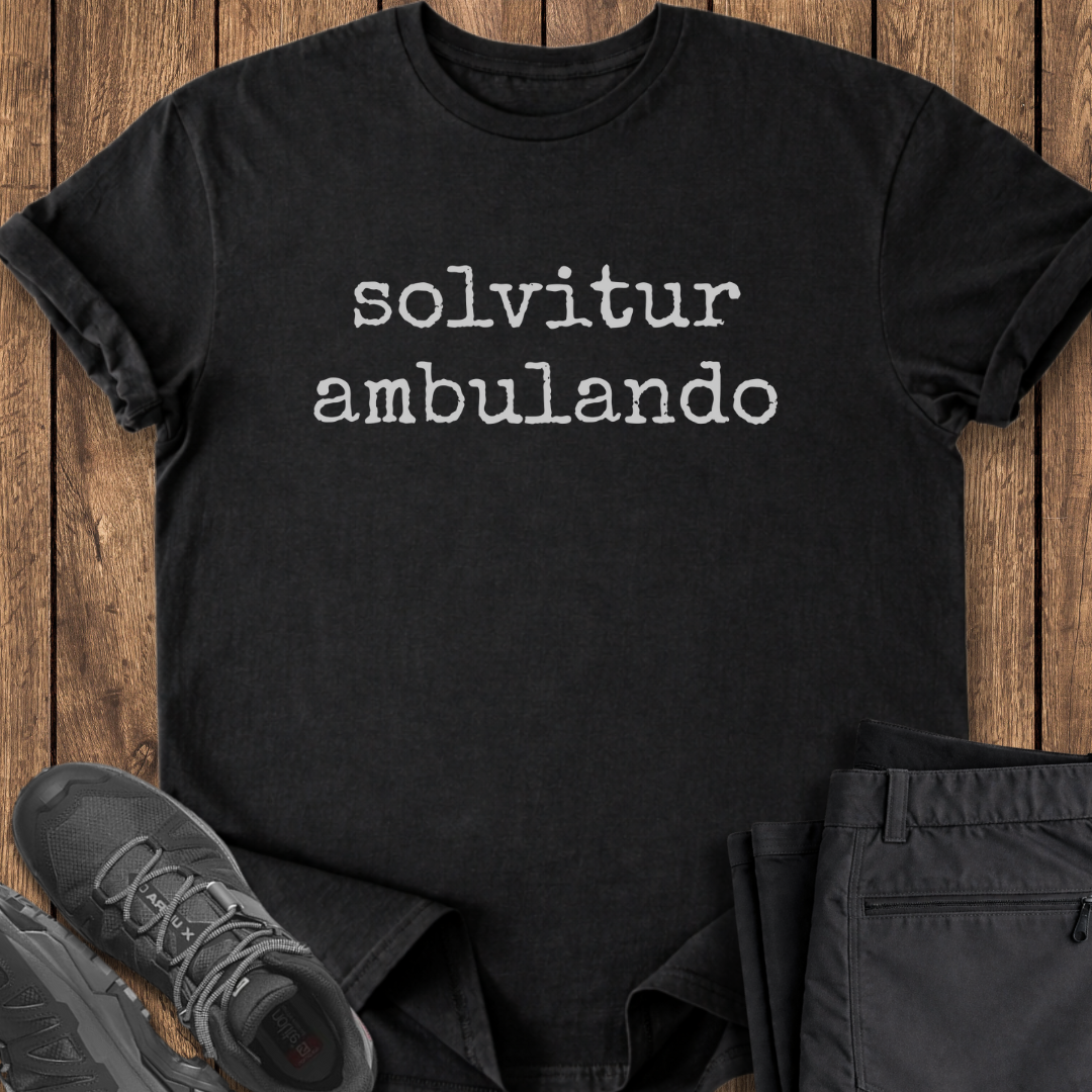 Black t-shirt with 'solvitur ambulando' text on a wooden surface with shoes and pants.