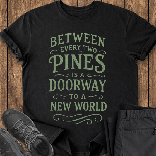 Black t-shirt with green text on a wooden surface with shoes and pants. john muir quote hiking t shirt