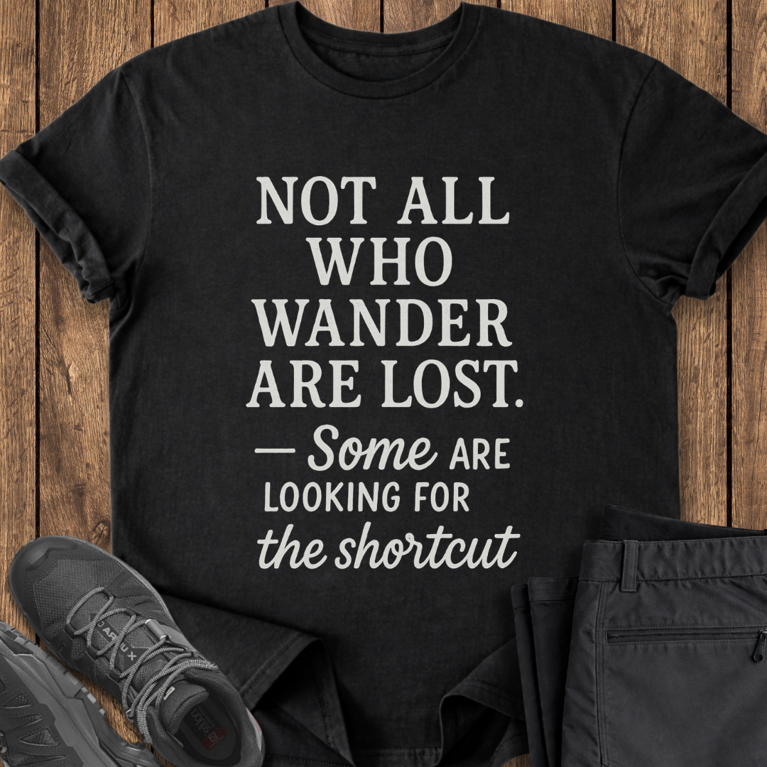 Black t-shirt with motivational quote on a wooden surface with shoes and pants. funny hiker shirt
