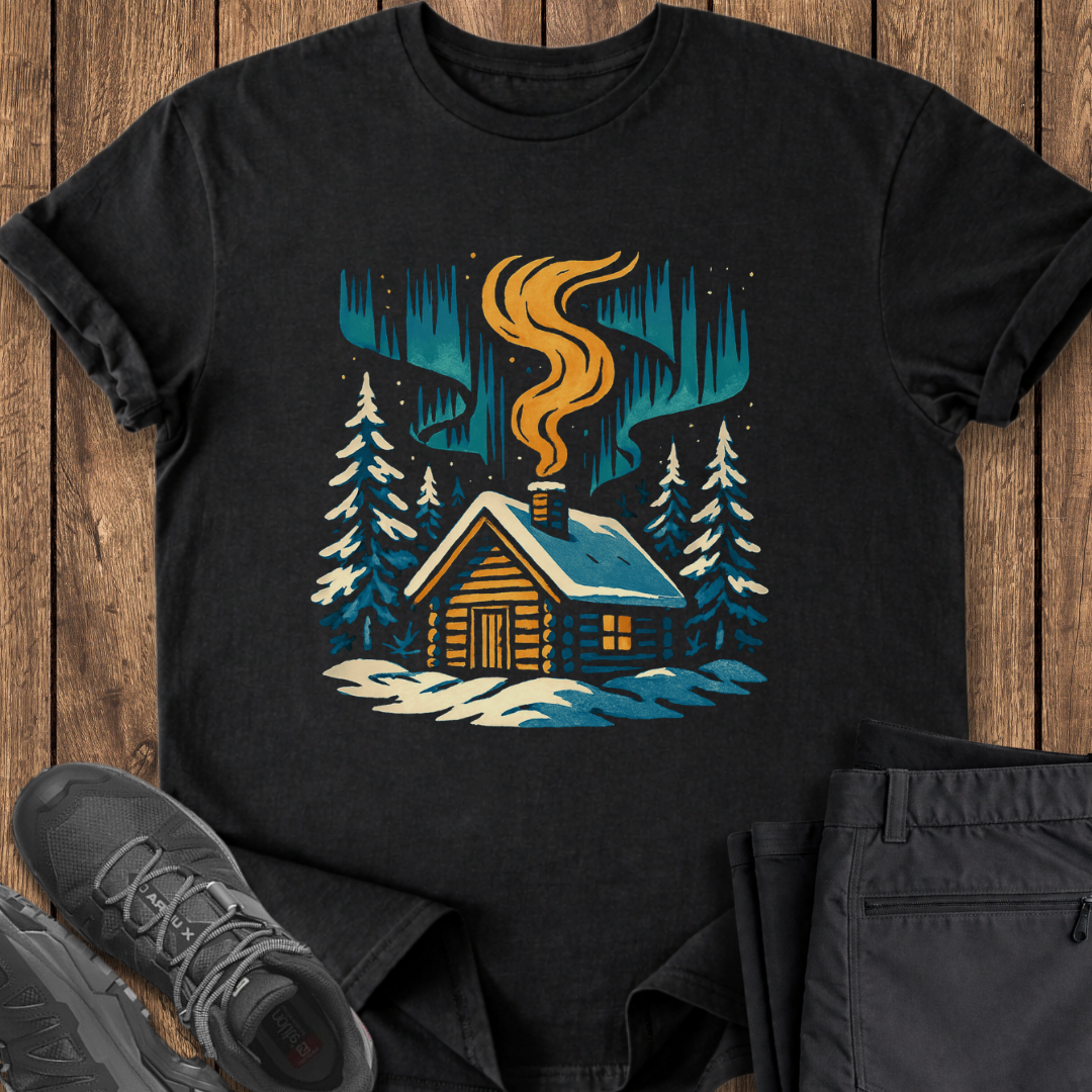 Black t-shirt with a cabin graphic on a wooden surface with shoes and pants.