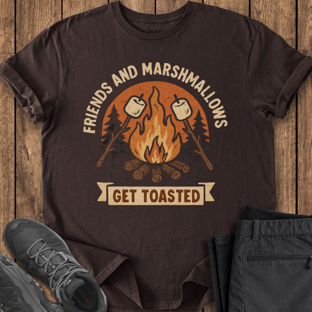 Brown t-shirt with a graphic of a campfire and marshmallows on a wooden surface. funny camping campfire t shirt
