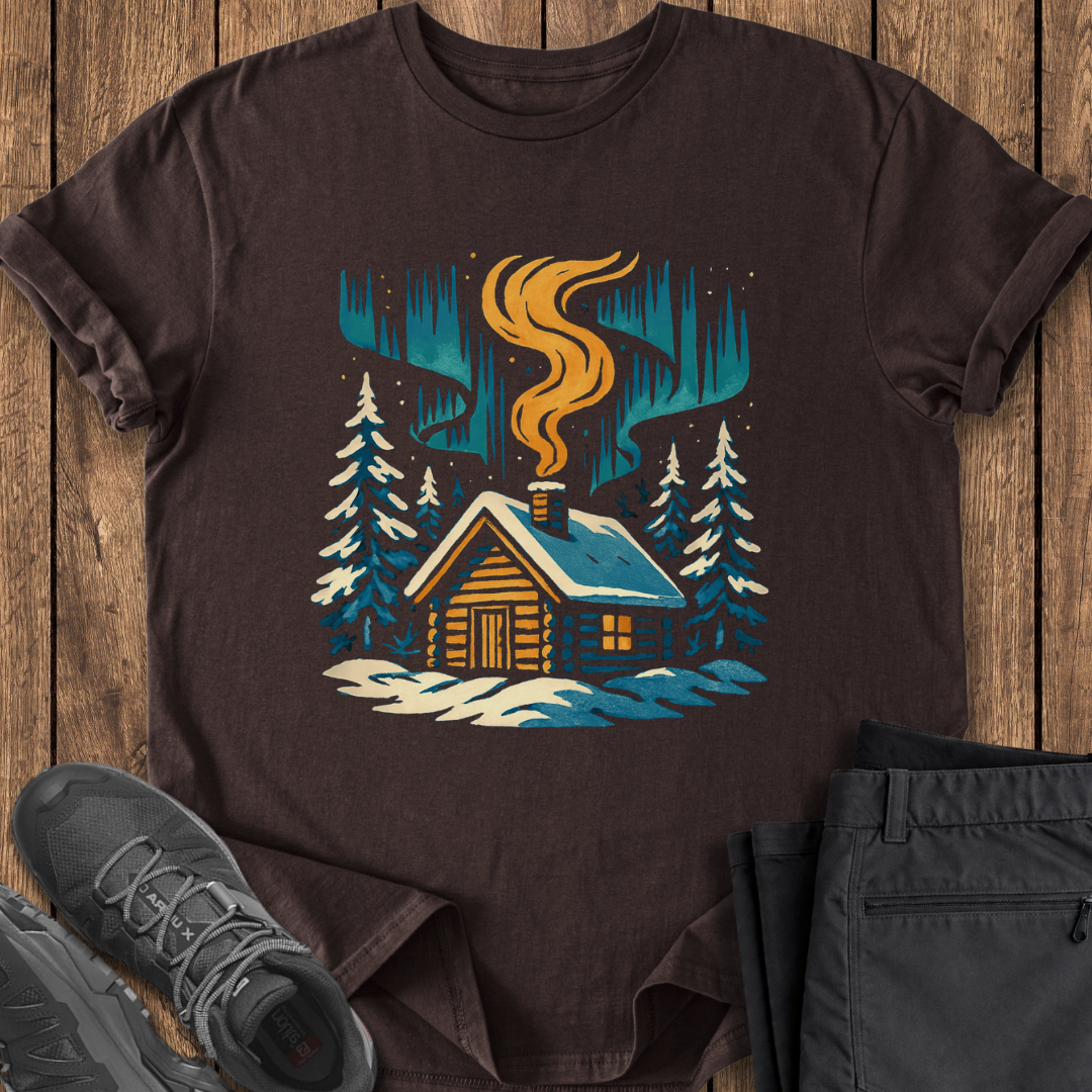 Brown t-shirt with a cabin graphic on a wooden surface with shoes and pants.