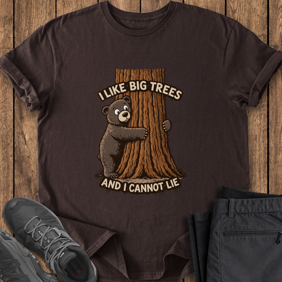Brown t-shirt with bear and tree design on a wooden surface funny tree hugging t shirt
