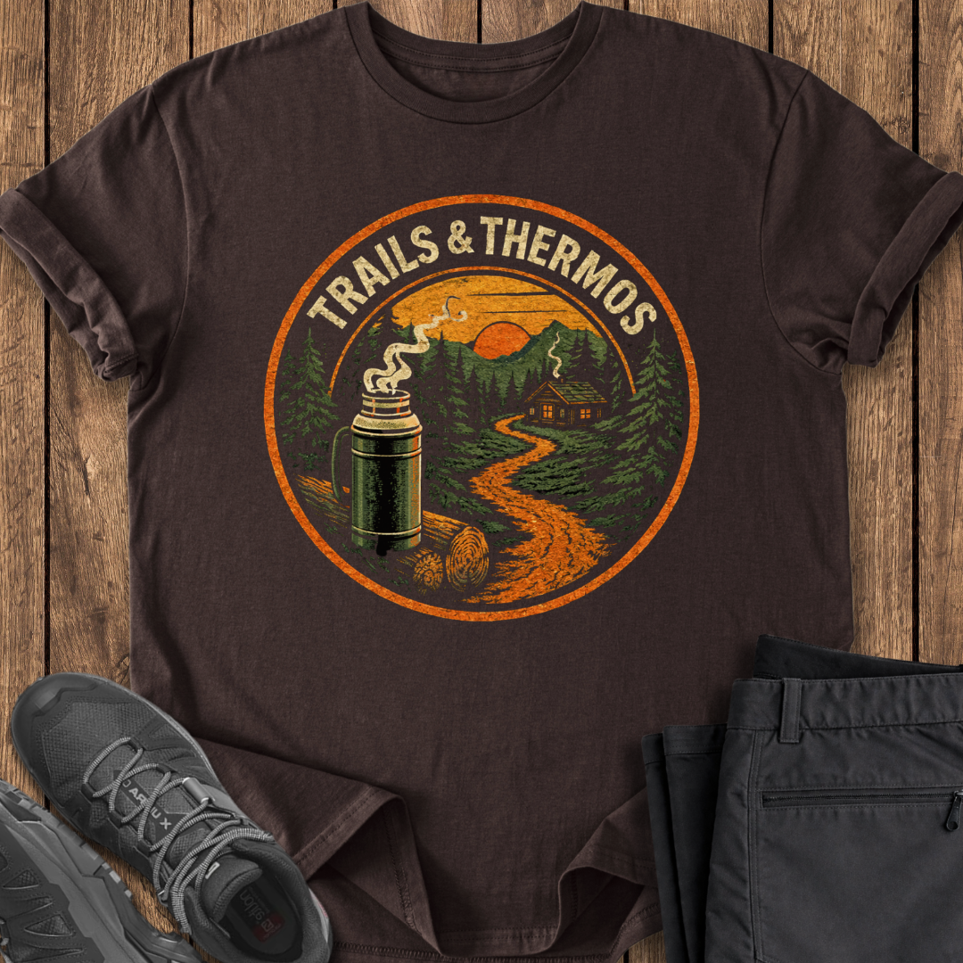 Brown t-shirt with 'Trails & Thermos' graphic on a wooden surface with shoes and pants. hiking shirt