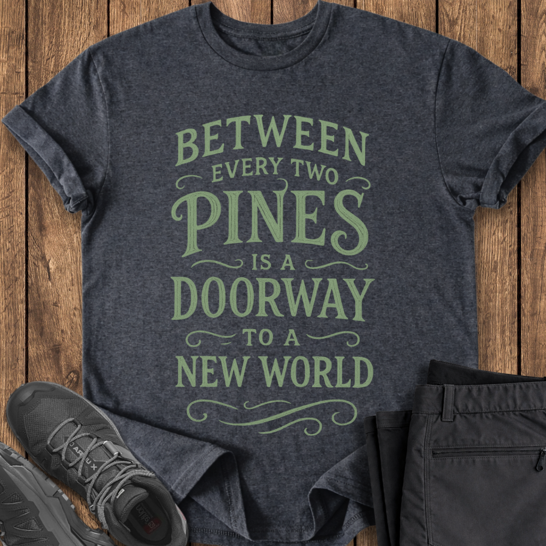 Dark gray t-shirt with green text on a wooden surface, accompanied by black shoes and pants. john muir quote