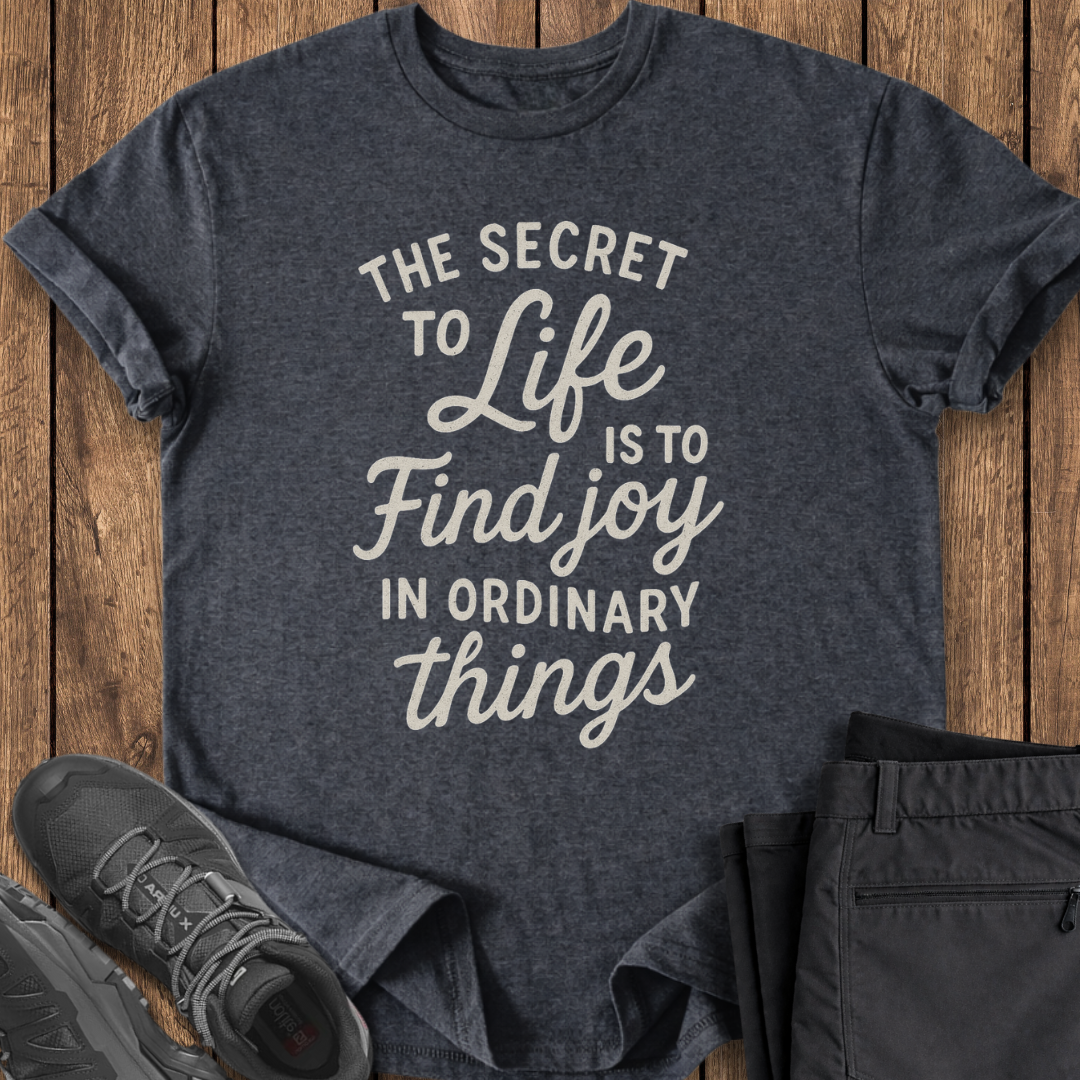Dark gray t-shirt with motivational quote on a wooden surface with shoes and pants.