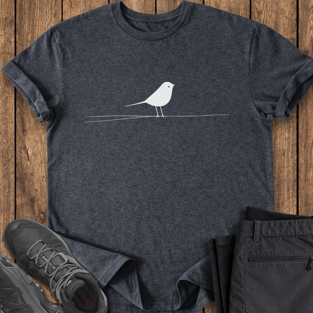 Dark gray t-shirt with a white bird design on a wooden surface, accompanied by black shoes and pants.