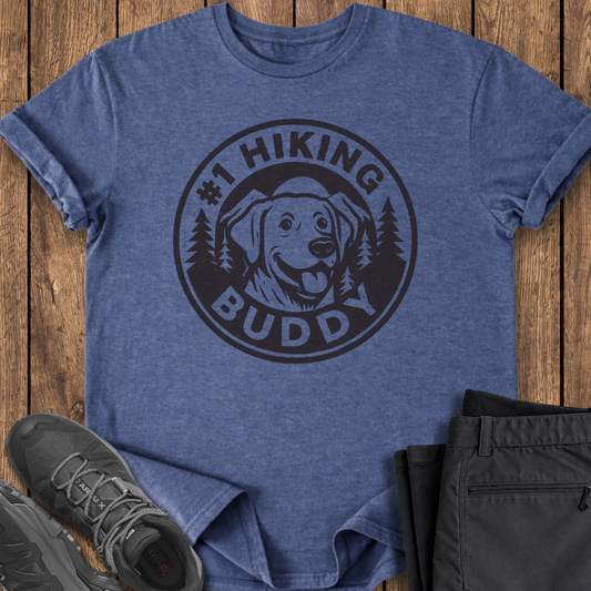 Blue t-shirt with '#1 Hiking Buddy' graphic on a wooden surface with shoes and pants. labrador dog lover hiking t shirt