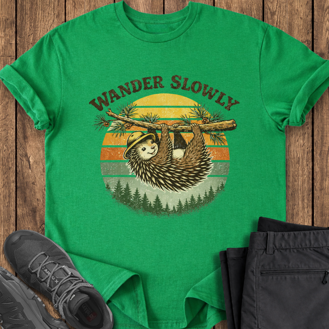 Green t-shirt with a sloth graphic and 'Wander Slowly' text on a wooden surface, with shoes and pants for scale. cute porcupine hiking tee