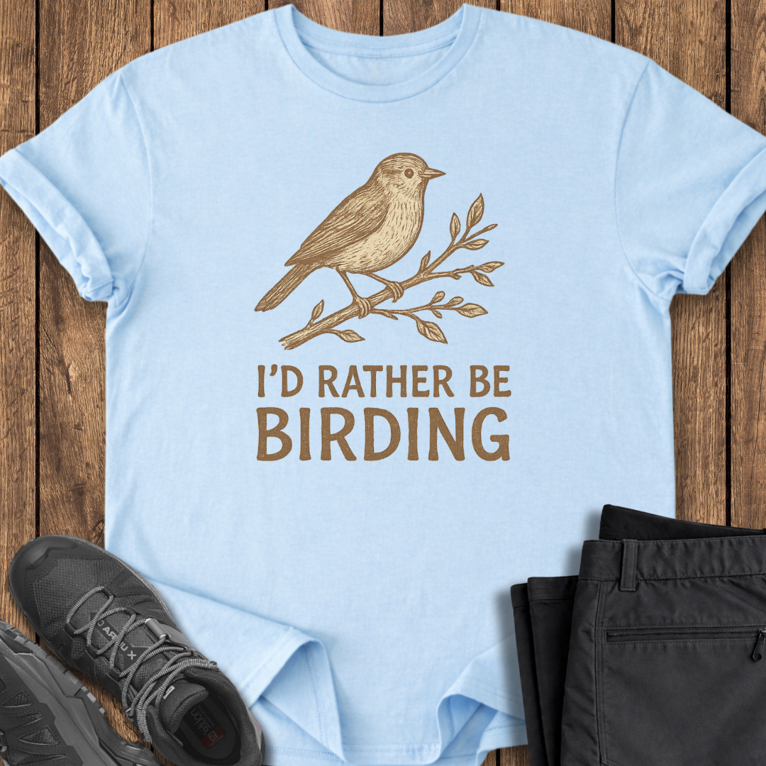 Light blue t-shirt with bird graphic and 'I'd Rather Be Birding' text on a wooden surface with shoes and pants.