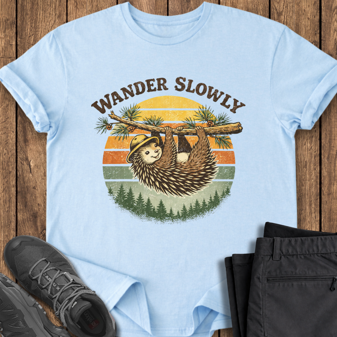 Light blue t-shirt with a sloth graphic and 'Wander Slowly' text on a wooden surface. cute porcupine slow hiking tee
