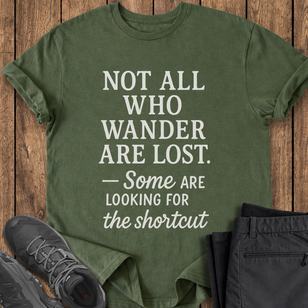Green t-shirt with motivational quote on a wooden surface with shoes and pants. funny hiking t shirt