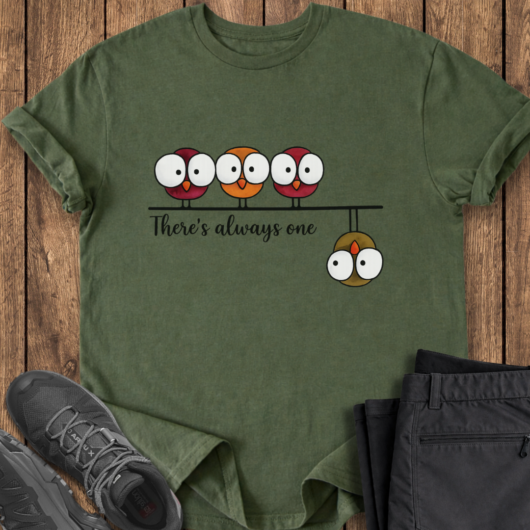 Green t-shirt with cartoon owls design on a wooden surface with shoes and pants. funny birding hiking camping t shirt