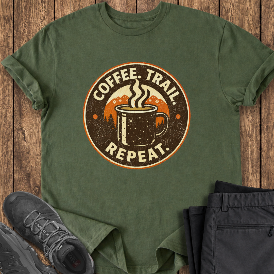 Green t-shirt with 'Coffee. Trail. Repeat.' design on a wooden surface with shoes and pants. hiking t shirt
