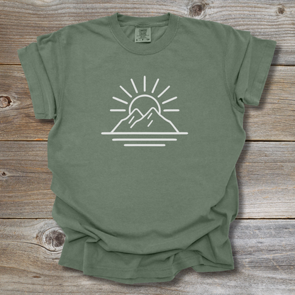 sunset mountains water