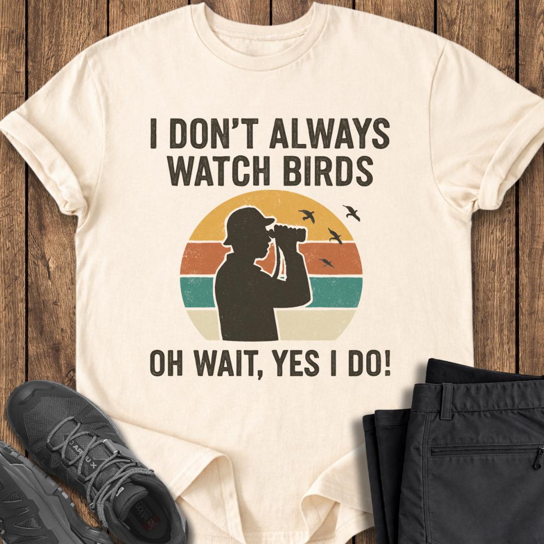 Beige t-shirt with birdwatcher graphic and text on a wooden surface with shoes and pants.
