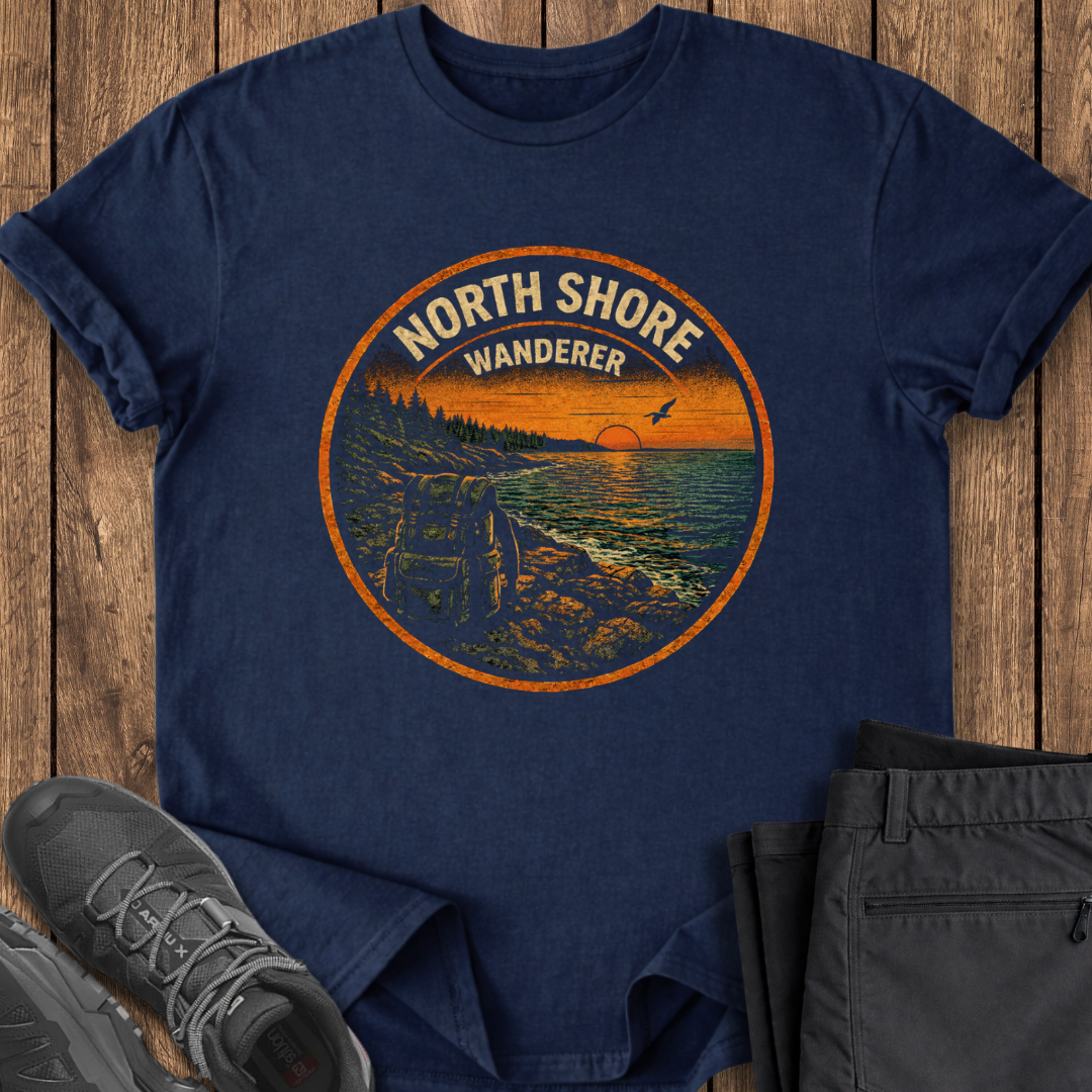 Navy blue t-shirt with 'North Shore Wanderer' graphic on a wooden surface with shoes and pants. north shore lake superior hiking t shirt