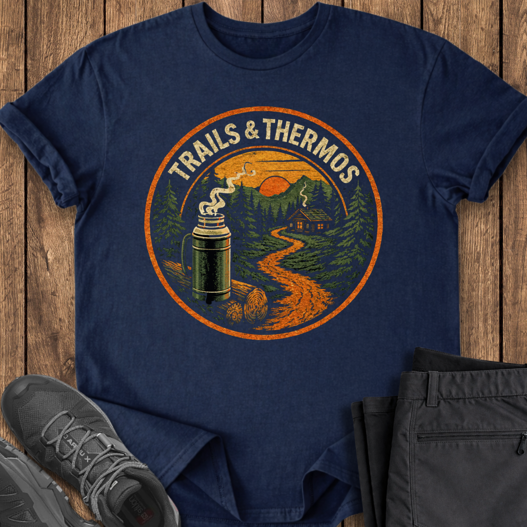 Navy blue t-shirt with 'Trails & Thermos' graphic on a wooden surface with shoes and pants. hiking shirt