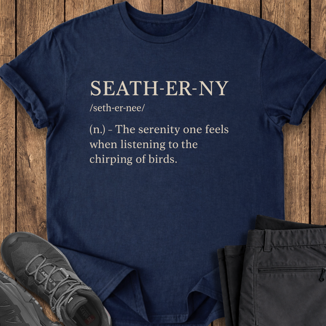 Navy blue t-shirt with 'SEATH-ER-NY' text on a wooden surface with shoes and pants.