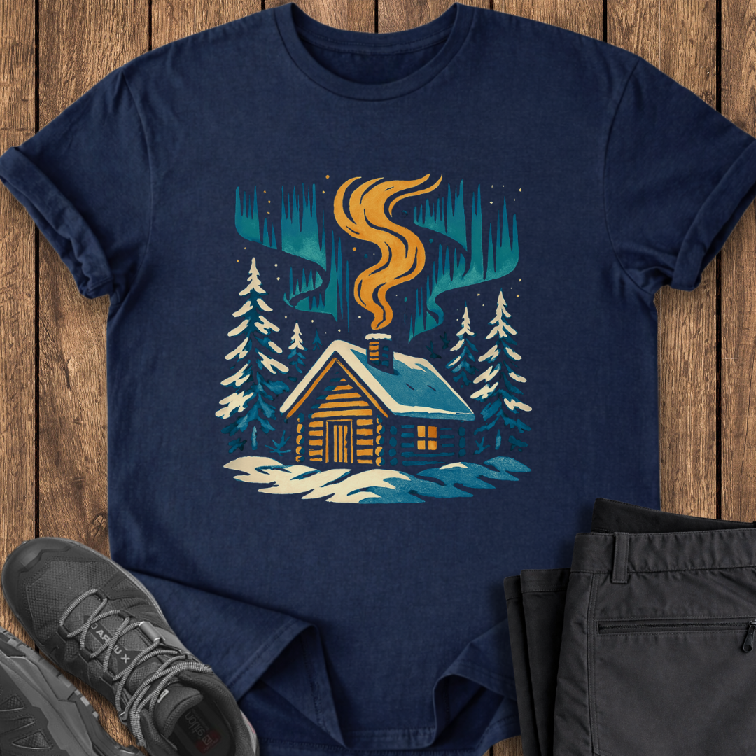 Navy blue t-shirt with a cabin graphic on a wooden surface with shoes and pants.