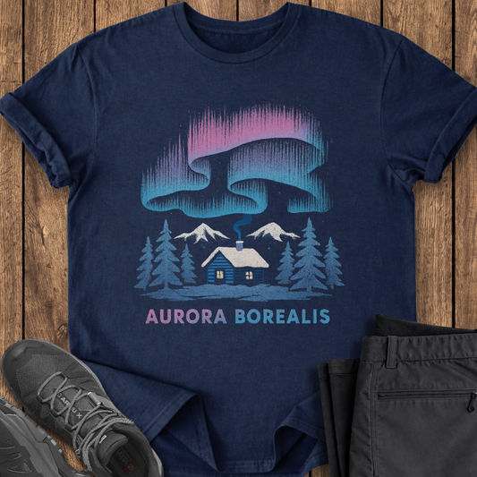 Navy blue t-shirt with 'Aurora Borealis' design on a wooden surface with shoes and pants. northern lights winter cabin