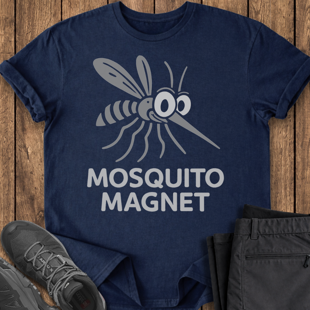 Navy blue t-shirt with mosquito graphic and 'Mosquito Magnet' text on a wooden surface.