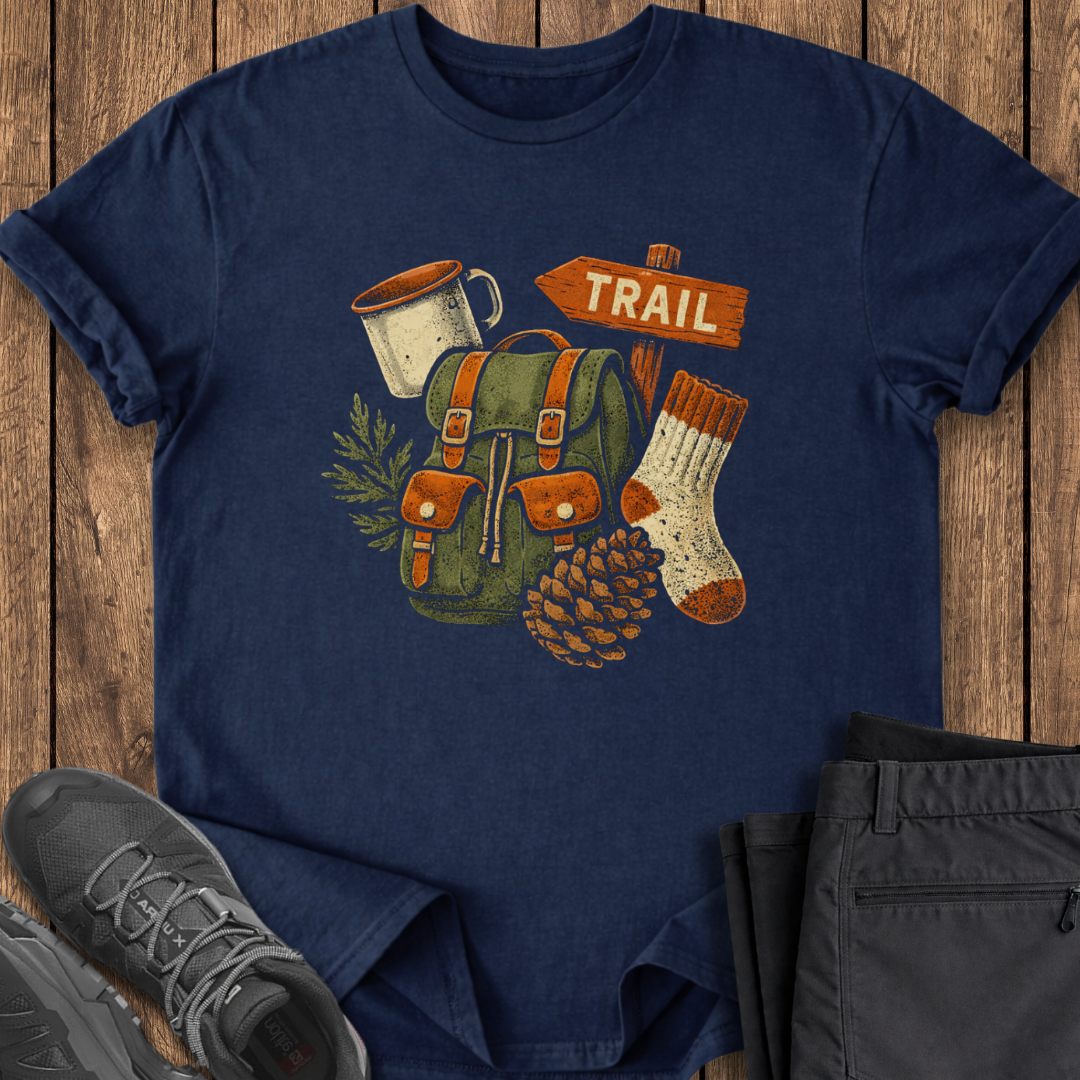 Navy blue t-shirt with outdoor-themed design on a wooden surface with shoes and pants.