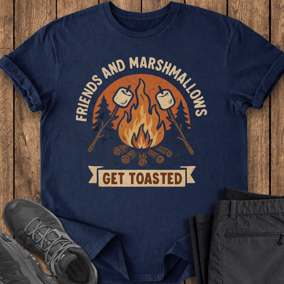Navy blue t-shirt with a graphic of a campfire and marshmallows on a wooden surface. funny campfire camping t shirt