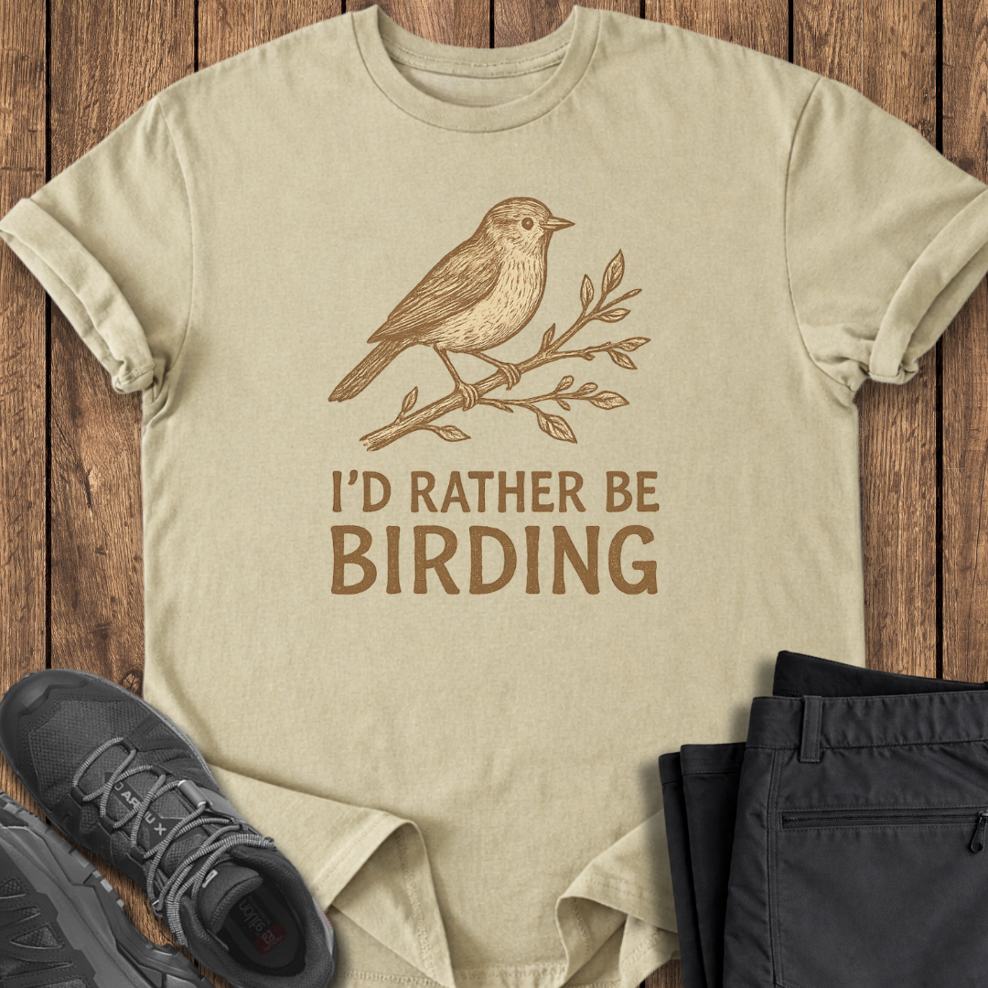 Beige t-shirt with bird graphic and 'I'd Rather Be Birding' text on a wooden surface with shoes and pants.