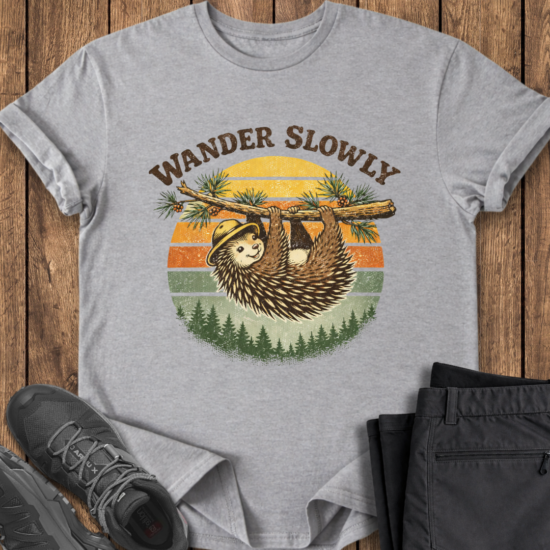 Gray t-shirt with a sloth graphic and 'Wander Slowly' text on a wooden surface with shoes and pants. porcupine hiking tee