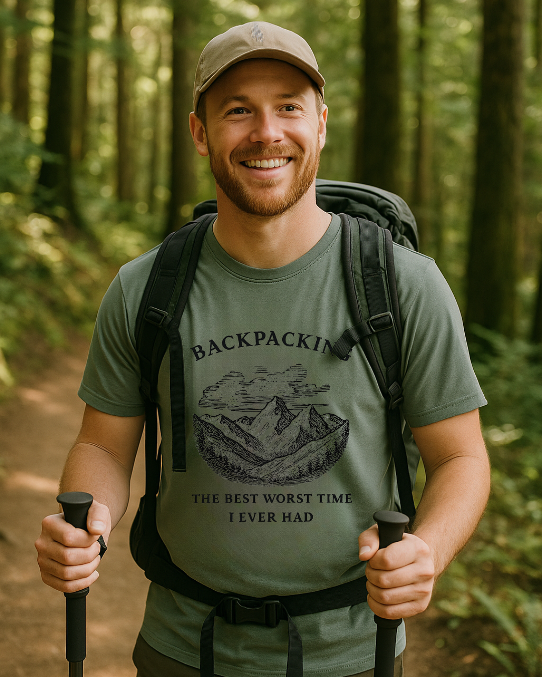 hiker in a forest wearing a green t-shirt with a backpacking graphic and text.
