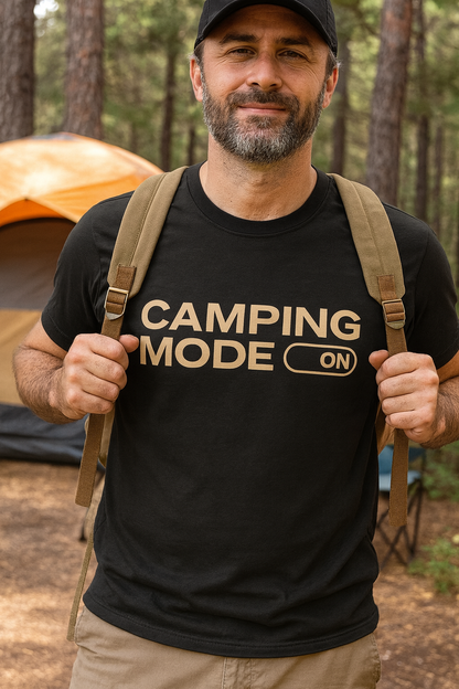 orange tent khaki backpack mens camping outfit ideas