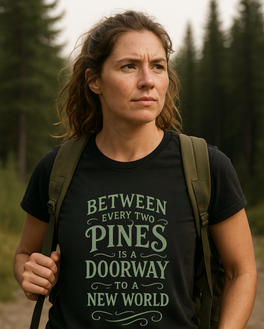 hiker wearing a t-shirt with a john muir quote in a forest