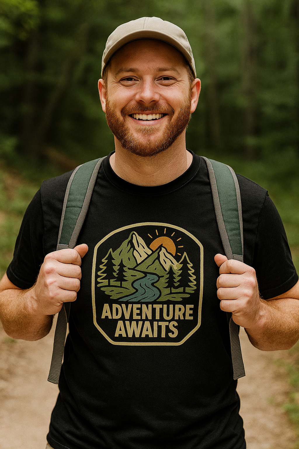 hiker wearing a black t-shirt with 'Adventure Awaits' graphic and a cap, standing in a forest.