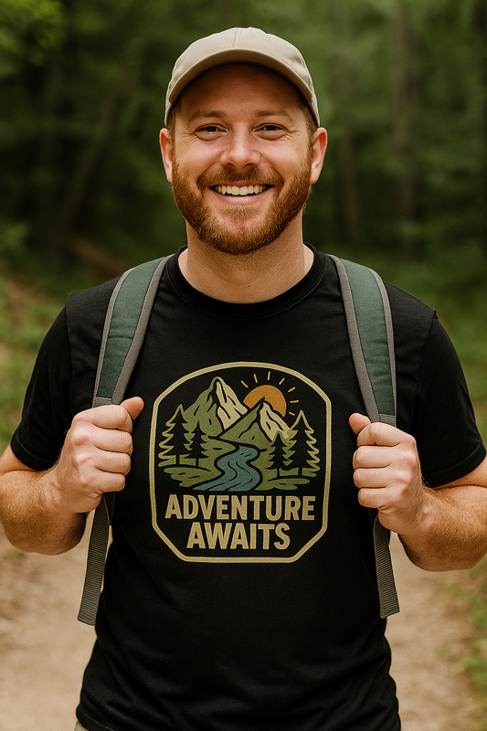 hiker wearing a black t-shirt with 'Adventure Awaits' graphic and a cap, standing in a forest.