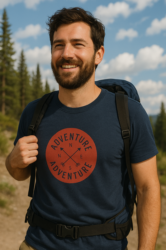 hiker wearing a t-shirt with 'Adventure' design, standing outdoors with trees and sky in the background