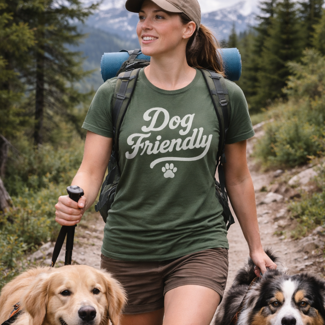 Woman hiking with two dogs on a trail in a forested area, wearing a 'Dog Friendly' t-shirt.